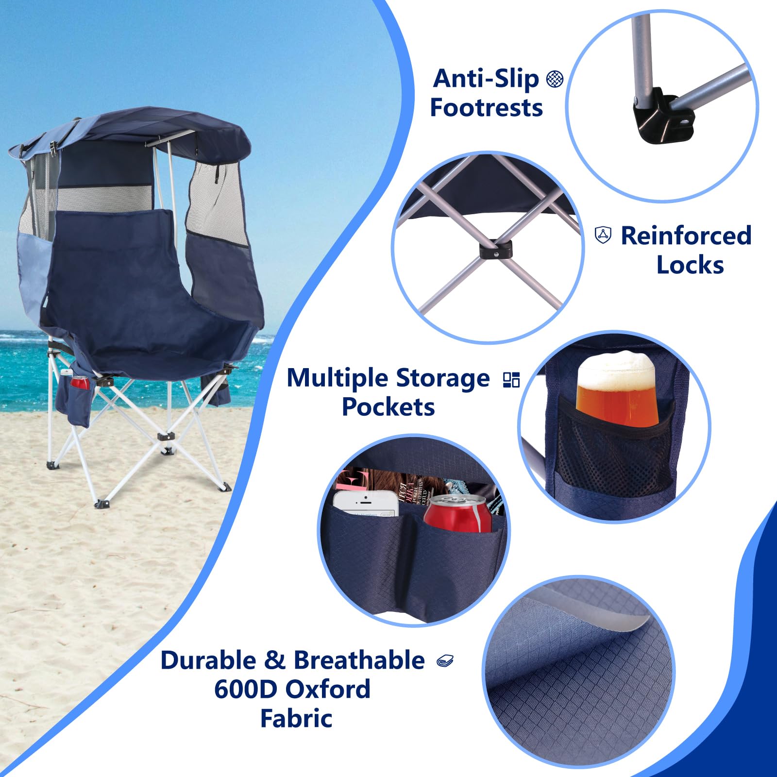 Sillas plegables de camping al aire libre: silla de playa portátil deportiva con toldo, sillas de playa con sombrilla para adultos, silla de camping con sombra para campamento de pesca, resistente