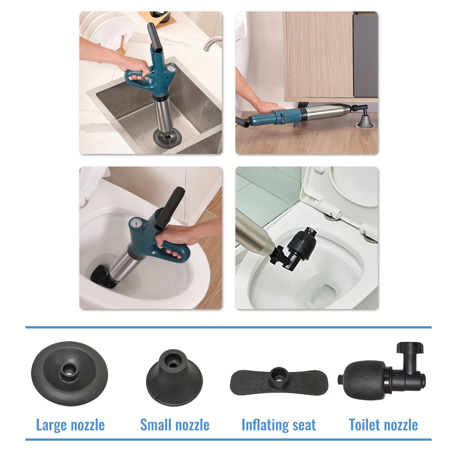 Deboucheur Canalisation, Ventouse Deboucheur avec baromètre, Débouche Toilette avec Quatre Ventouses pour les Salles de Bains, les Toilettes et les Lavabos
