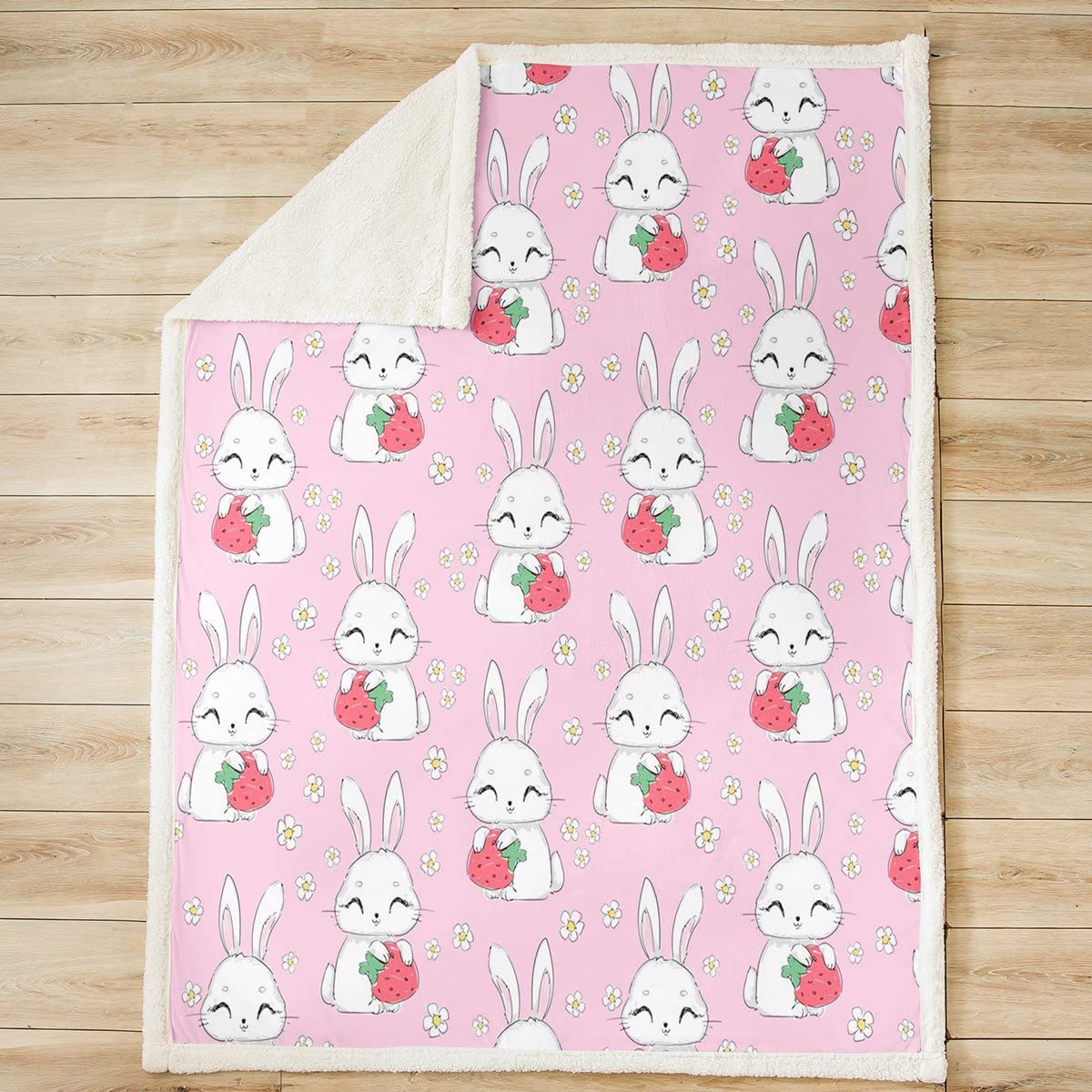 Coperta per bambini, motivo: coniglietti di fragola, per bambini, motivo: coniglietti di fragola, per ragazzi, ragazze e ragazze, motivo floreale, per divano letto, colore rosa, 200 x 201 cm