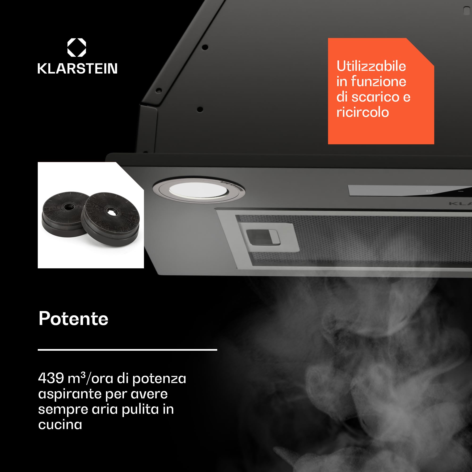 KLARSTEIN Paolo - Cappa da cucina a incasso, cappa sottopensile, 600 m³/h, 200W, filtro antigrasso in alluminio, LED integrato, touch, acciaio inox (Acciaio inox, 52 cm)