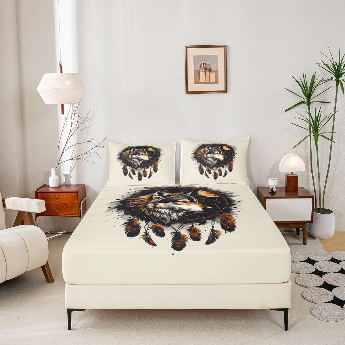 Exotic Wild Animal Fitted Sheet,Full Size Black Tie Dye Collections,Wolf Dream Catcher Bedding Deep Pocket for Children Teens Young with 2 Pillowcases(No Flat Sheet)