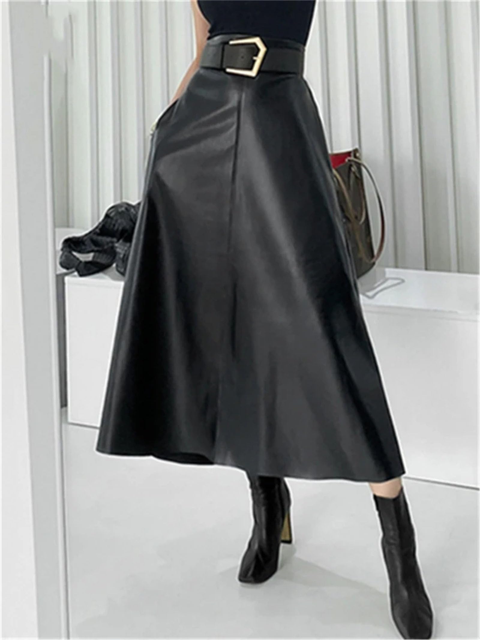 Donne Inverno Classico Faux PU Pelle Gonne Lunghe con Cintura Vita Alta Midi Gonne Femminili