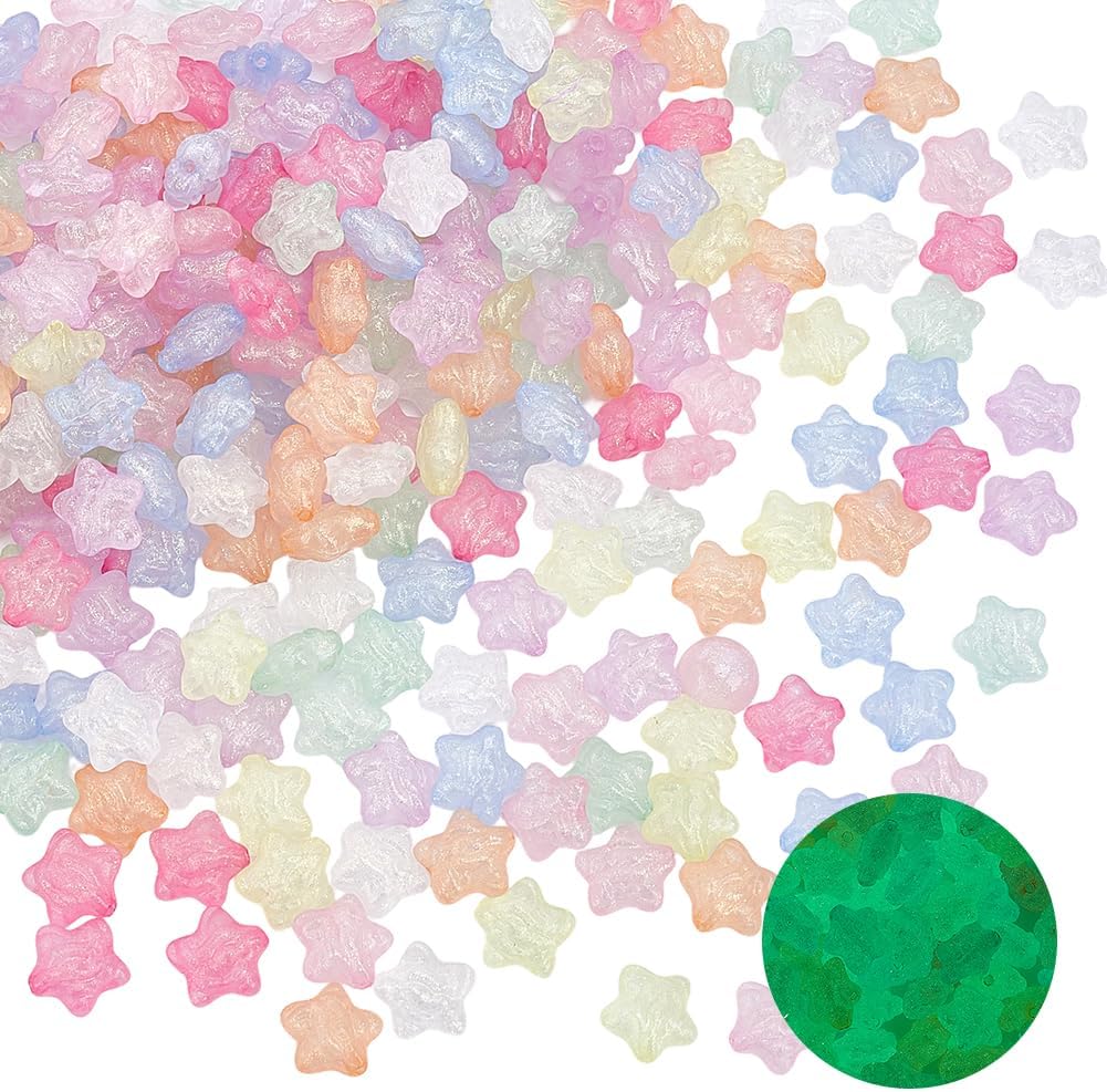 1 Box 300pcs Glow in the Dark Star Beads Acrylic Luminous Transparent Pentagram with Gold Powders Glitter Stars Pony Loose Bead Bulk for Jewelry Making Necklace Bracelet DIY Craft Supply