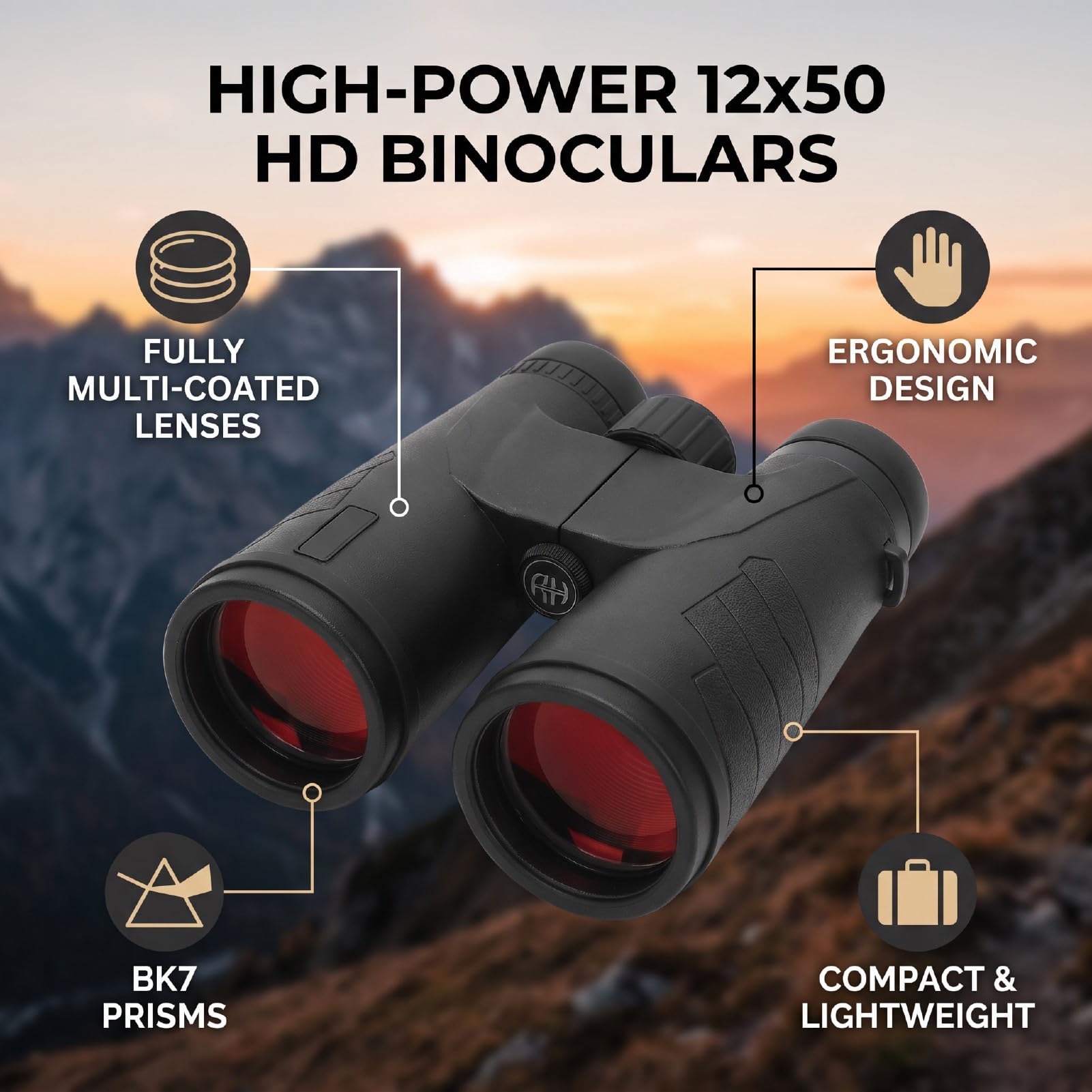 Binocolo 12x50, HD con Lente Multistrato per Campeggio