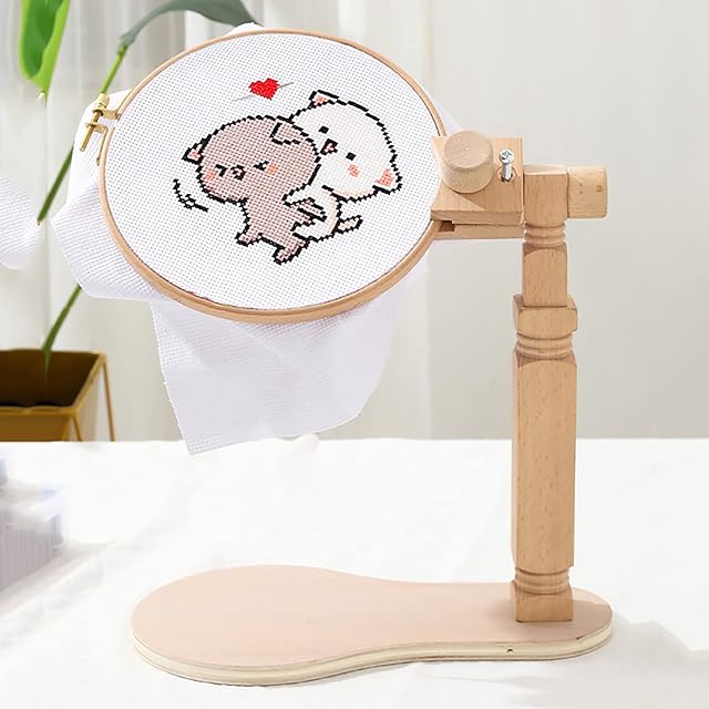 PEALOV Embroidery Hoop Stand,Sit-On Round Wooden Embroidery Frame 360 Degree Rotation Beech Wood High Adjustable Cross Stitch Frame with Embroidery Hoop for Embroidery and Cross Stitch Project