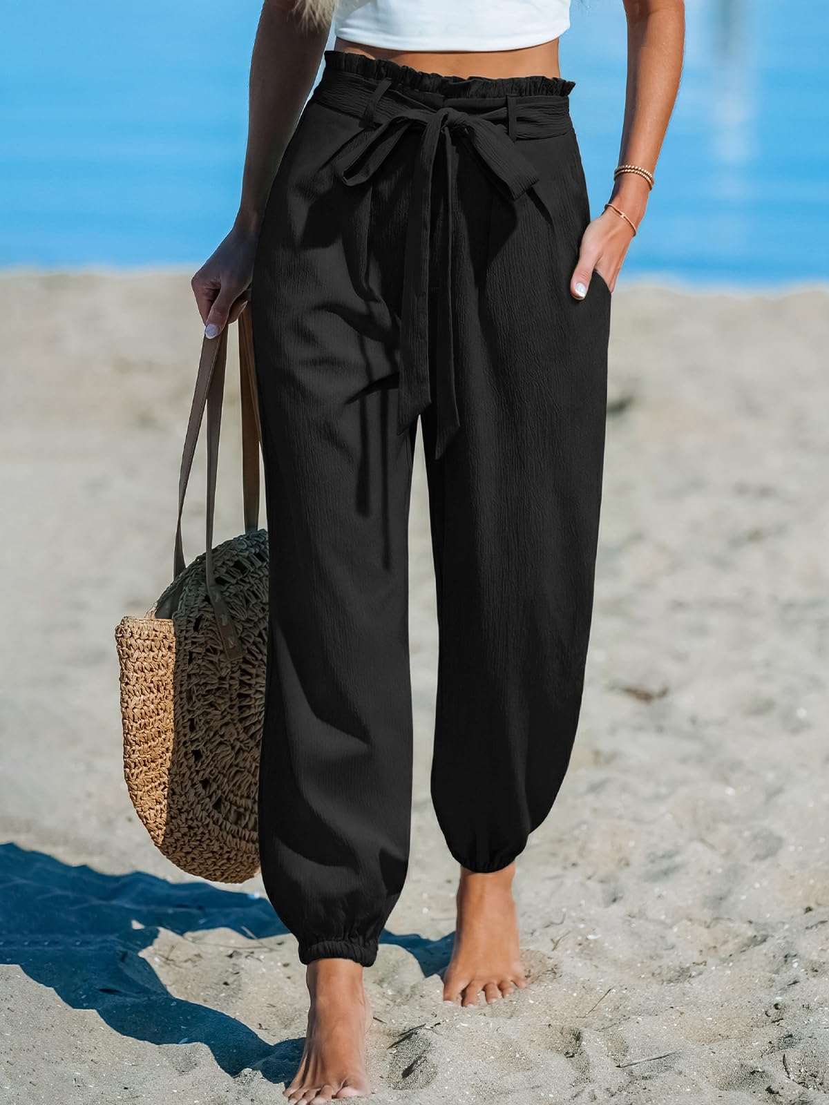 CUPSHE Paperbag Hose Damen lang mit hohem Bund und Bindegürtel