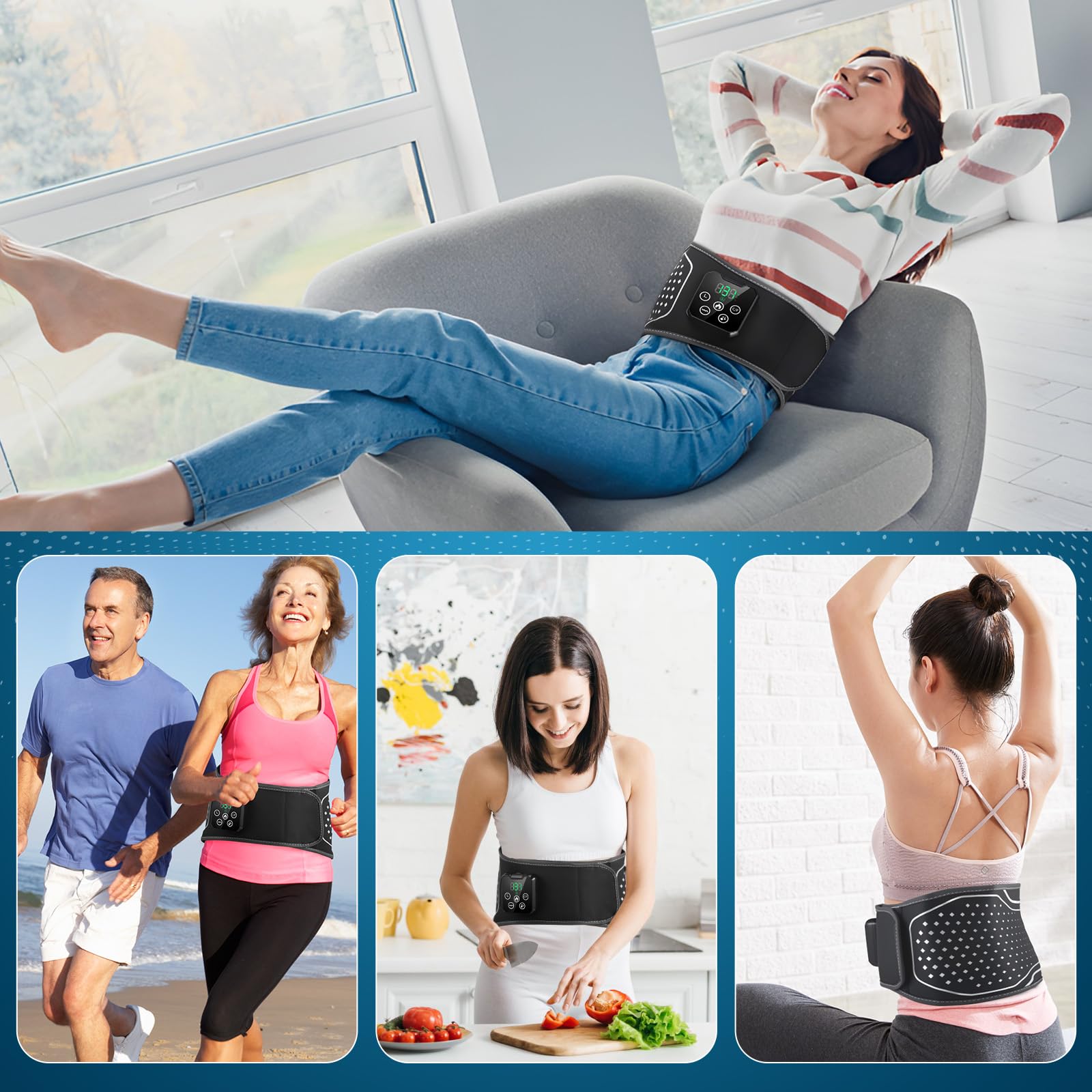 Kabelloser Stützgürtel mit Wärme- und Massagefunktion, Wärmekissen für die Taille mit 4 Massageprogrammen und 5 Temperaturstufen, Wohlgefühl für den Bauchbereich
