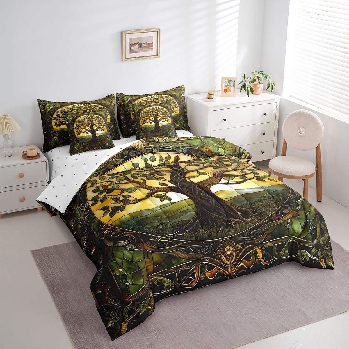 Castle Fairy Tree of Life Queen Comforter Set with Sheets 7 Pcs,Abstract Nature Tree Comforter Blanket for Boys Girls,Modern Rustic Artwork Bedding Comforter,2 Pillowcases,Bed Sheets