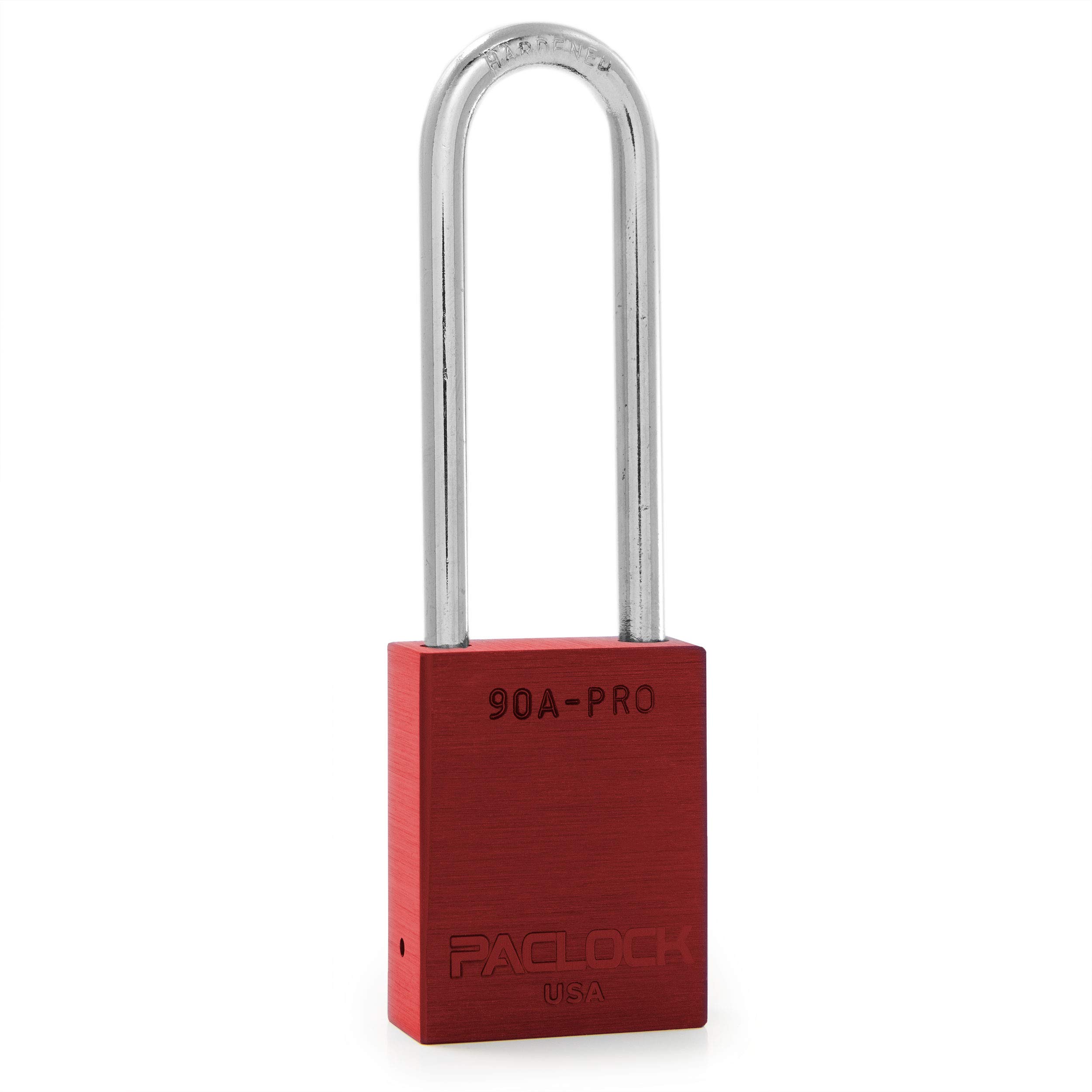 PACLOCK's 90A-PRO Padlock, 1/4" Diameter Hard. Steel Shackle, 3" Tall, High Performance 7-Pin Cylinder w/ 1 Key, Keyed Alike, Red
