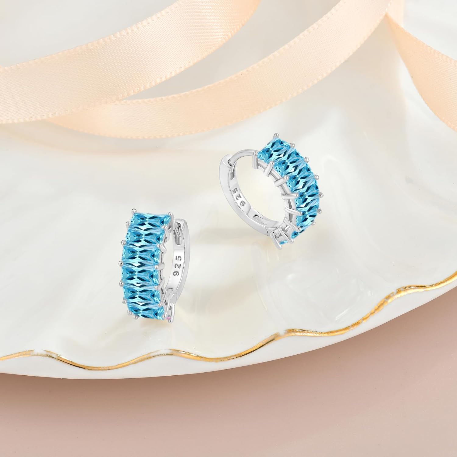 Gemstone Huggie Hoop Earrings, 925 Sterling Silver Baguette Hoop Earring Birthstone Jewelry Gift for Women - Image 4