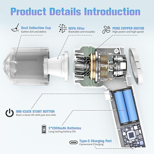 Miniatura 3 de Mini aspiradora de mano para automóvil, aspiradora portátil inalámbrica de 10000 PA con batería de 2000 mAh, aspiradora pequeña 3 en 1 y plumero de