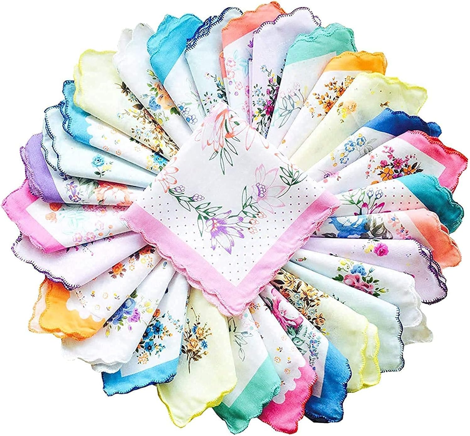 ZOOPRI12 Pieces Large Size 13 X 12 Inches Cotton Flower Printed White Hankies Women Ladies Handkerchief (Random Designs)