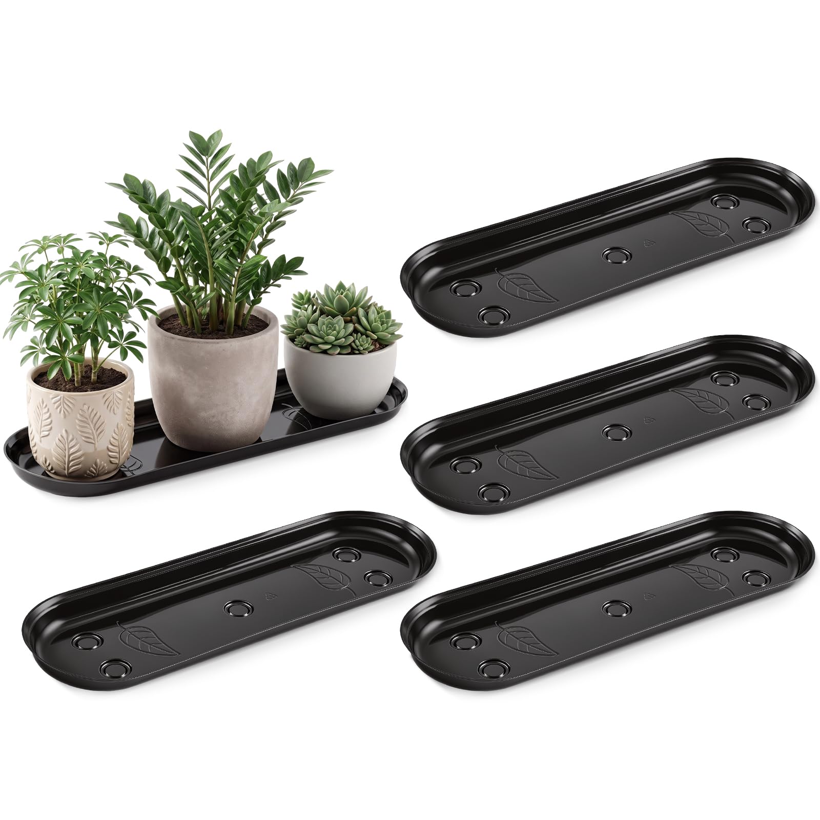 5 Pcs 14 x 4.6 Inch Plant Trays, Plastic Saucers for Window Sills, Black