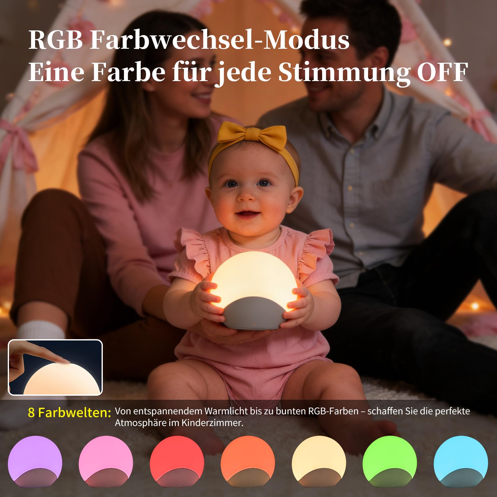 Luce notturna morbida con 8 cambi di colore e timer, intensità regolabile con semplice tocco, lampada da comodino a LED RGB ricaricabile per la cameretta dei bambini, senza BPA e rispettosa