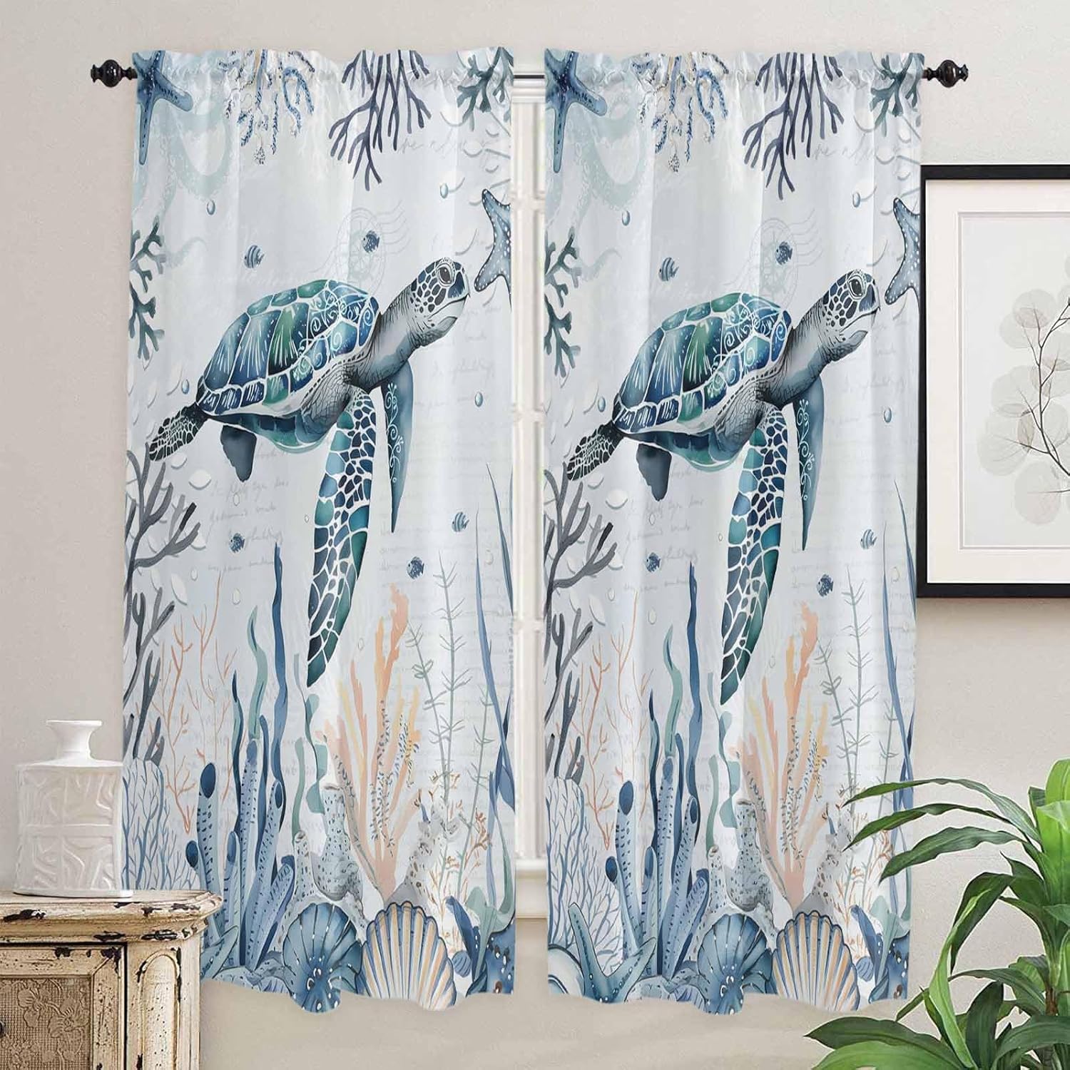 Blue Turtle Kitchen Curtain 2 Panels Tiers Curtains 36 Inch Length, Curtains Rod Pocket Curtains Window Drapes Treatment Window Cafe Curtains Ocean Submarine Landscape Coral Aquatic Plants 55x36