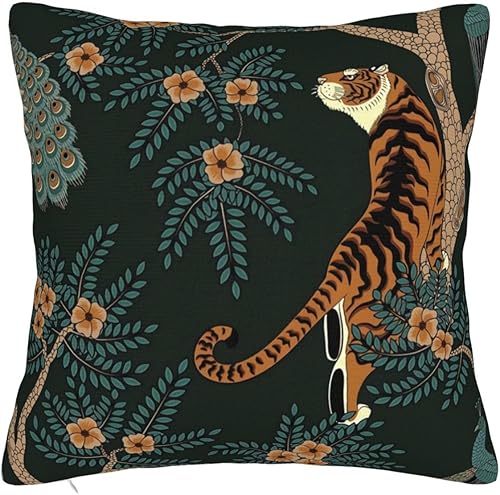 Funda de almohada, diseño de tigre y pavo real, moderna, cuadrada, decoración para sofá, cama, silla, automóvil, 22 x 22 pulgadas