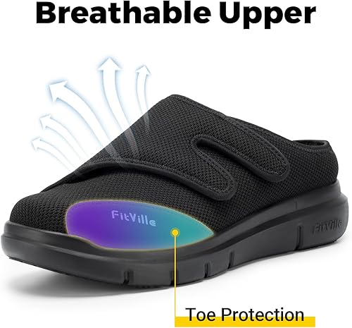 Miniatura 6 de FitVille Zapatos para diabéticos para hombre, sin cordones, para pies hinchados, extra anchos, ajustables, zapatos para caminar para fascitis