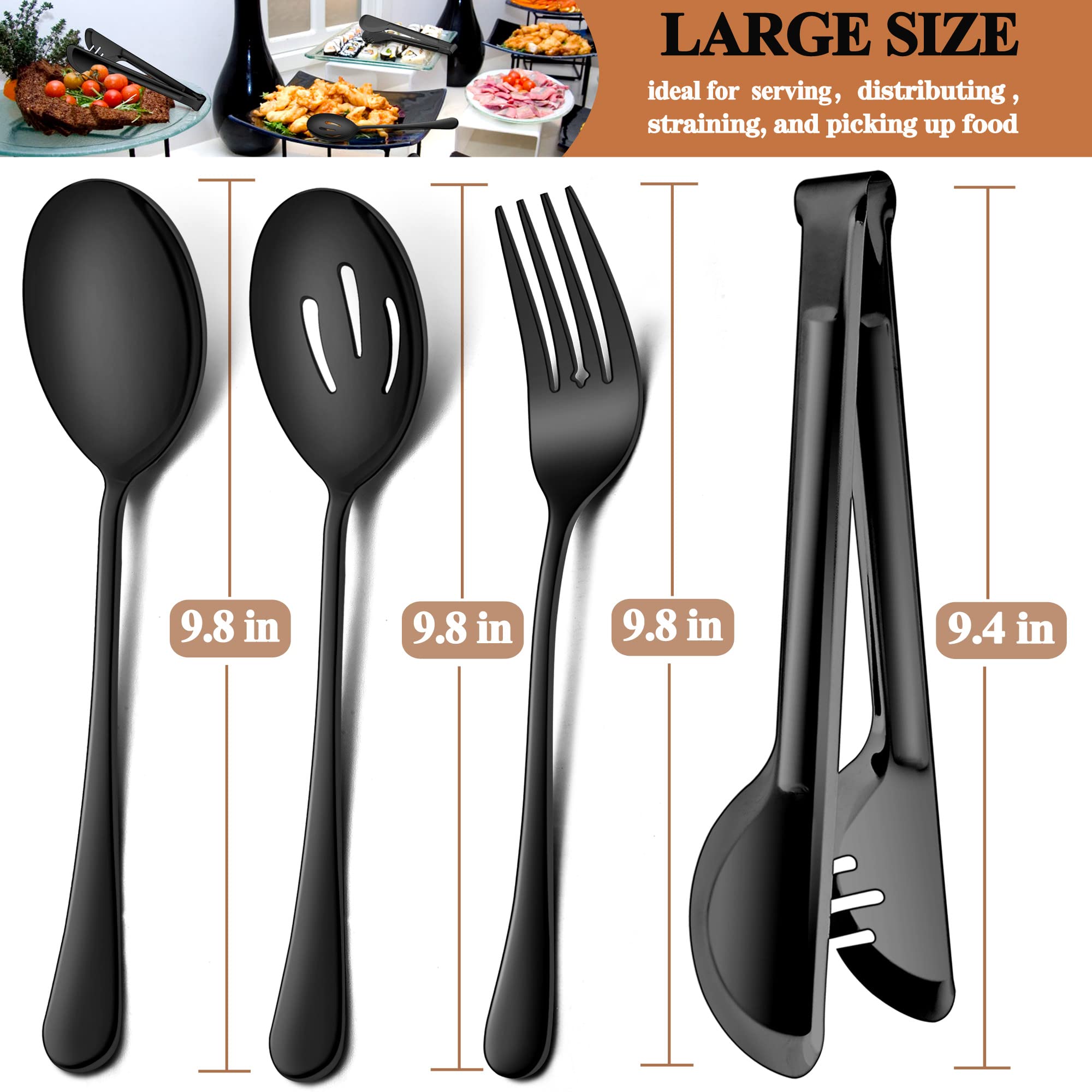 LIANYU 6-teiliges Servierbesteck-Set – 2 Löffel, 2 Schöpf-/Lochlöffel, 2 Gabeln, 24 Cm, Edelstahl Schwarz