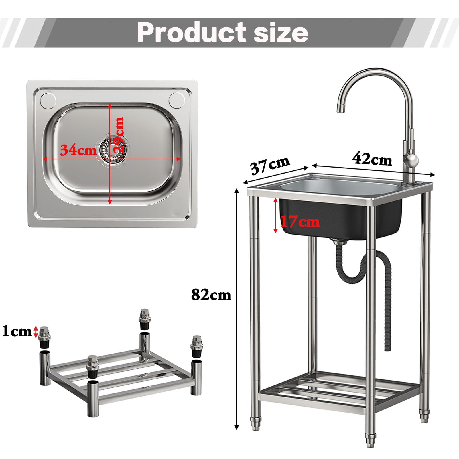 Evier inox Extérieur avec Robinet Chaud et Froid,Éviers De Cuisine Commercial 1 Bac Mobile Évier Sur Pieds Lavabo de Jardin Portable Multifonctionnel,pour Restaurant Garage