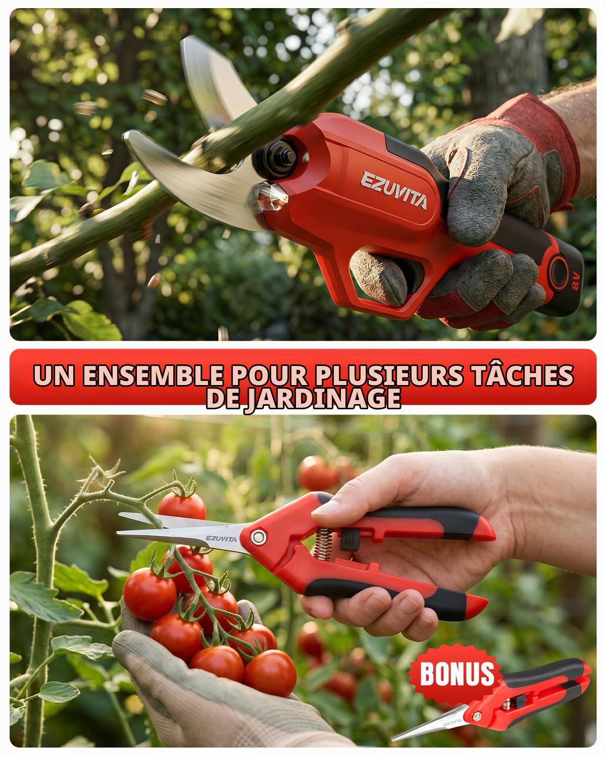 Sécateur Électrique sans Fil 25mm, Sécateur à Batterie avec Lame SK5, Batterie Amovible 2000mAh, Coupe-Branches Électrique avec Sécateur Manuel, pour Jardin, Arbres Fruitiers, Vigne (Rouge)