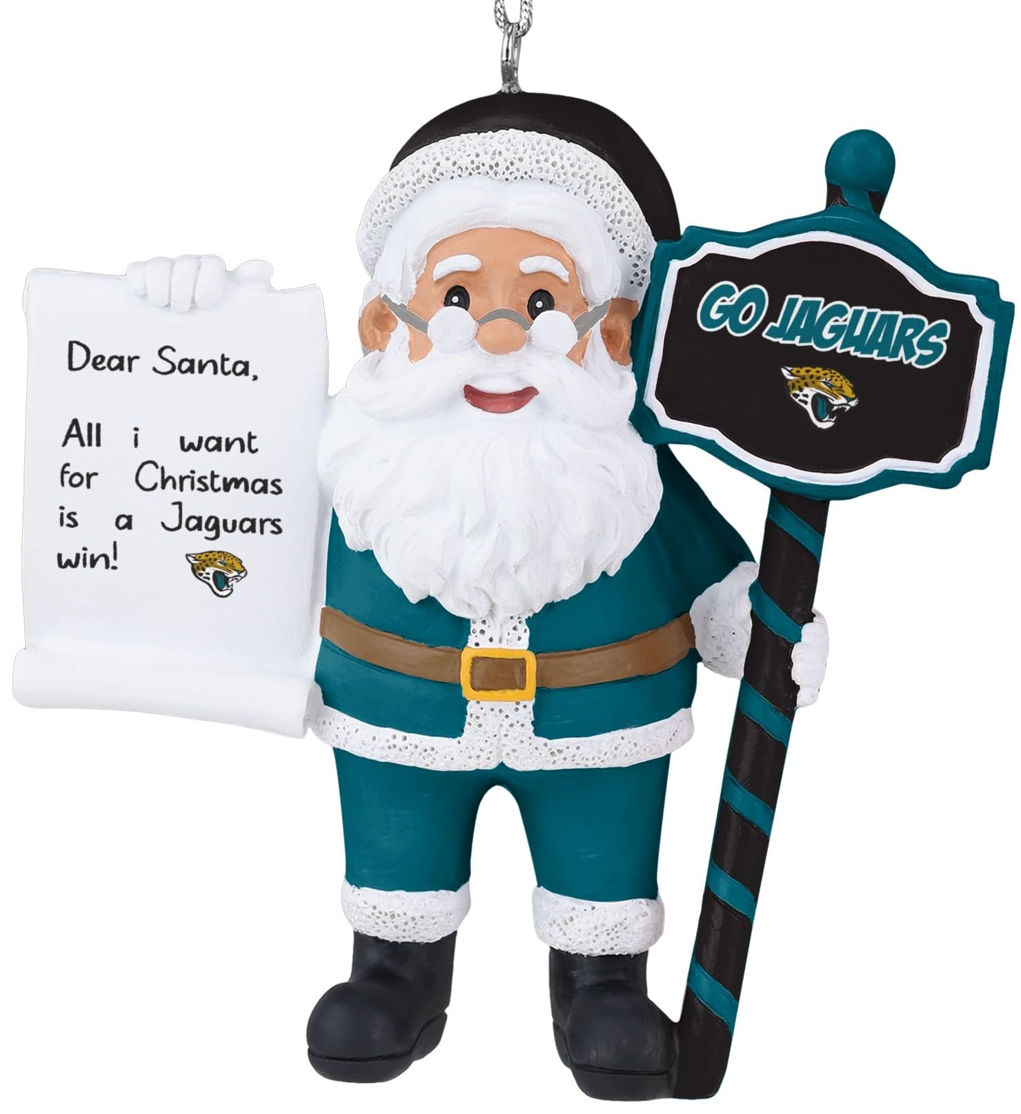 FOCO NFL Jacksonville Jaguars Santa with Scroll Christmas Ornament, Holiday Tree Decoration