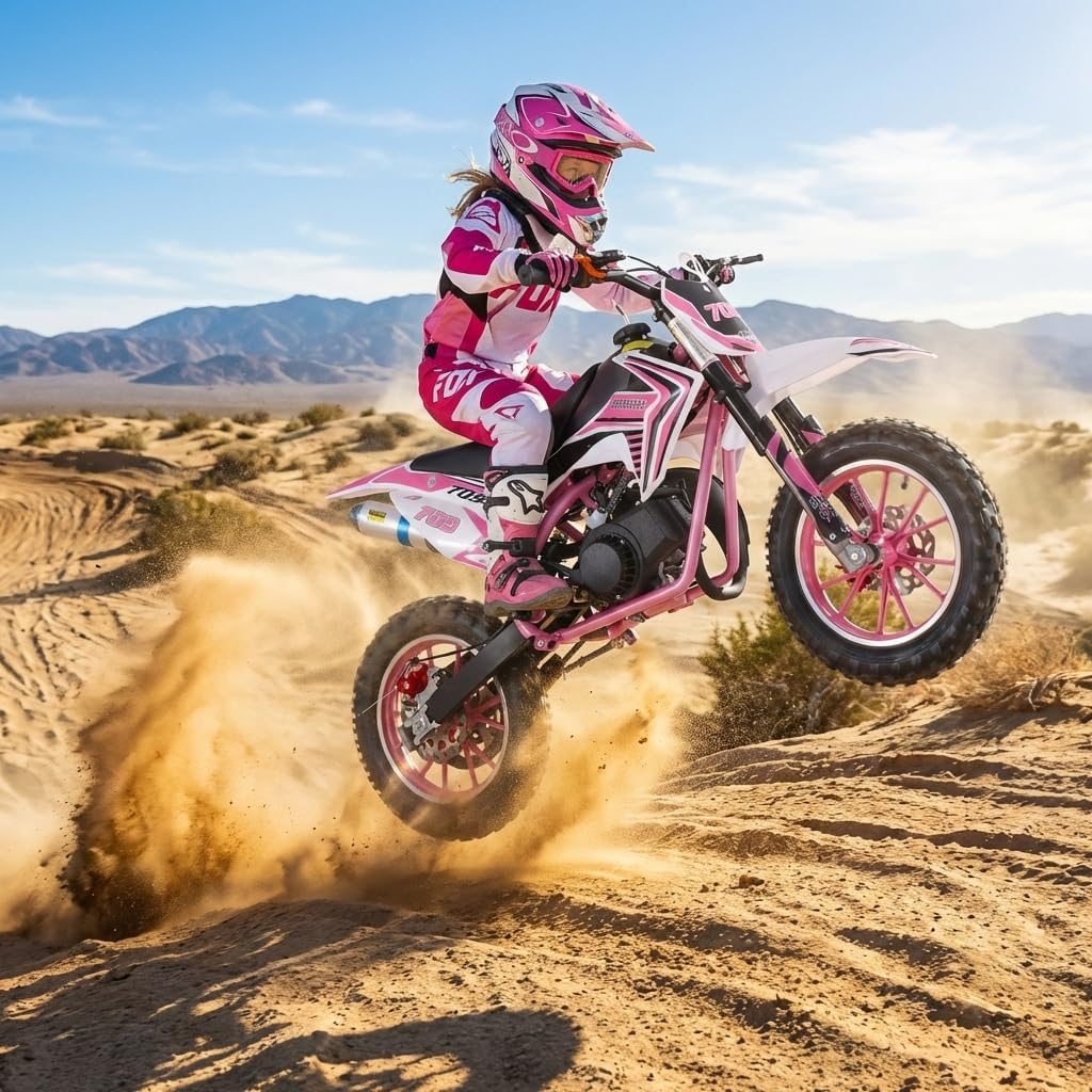 PERZOE 49cc 2-Stroke Gas Power Motocross Dirt Bike for Kids - Front Rear Disc Brakes, Mini Motorcycle Pocket Motorbike - Christmas, Halloween, Birthday Gifts - Pink