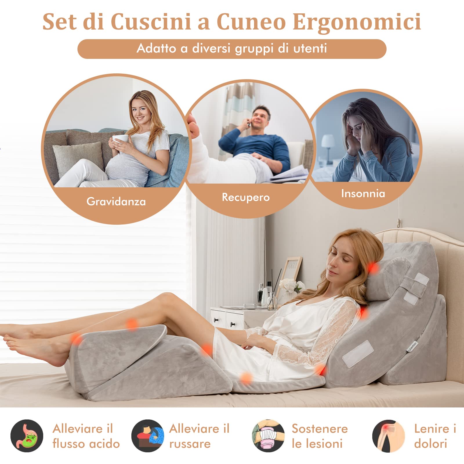 COSTWAY Set di 4/6 Cuscini Regolabili a Cuneo, Cuscino a Cuneo per Letto in Memory Foam, per Alleviare il Dolore alla Schiena Collo e alle Gambe, Poggiatesta Rimovibile, Grigio (6 Pezzi)