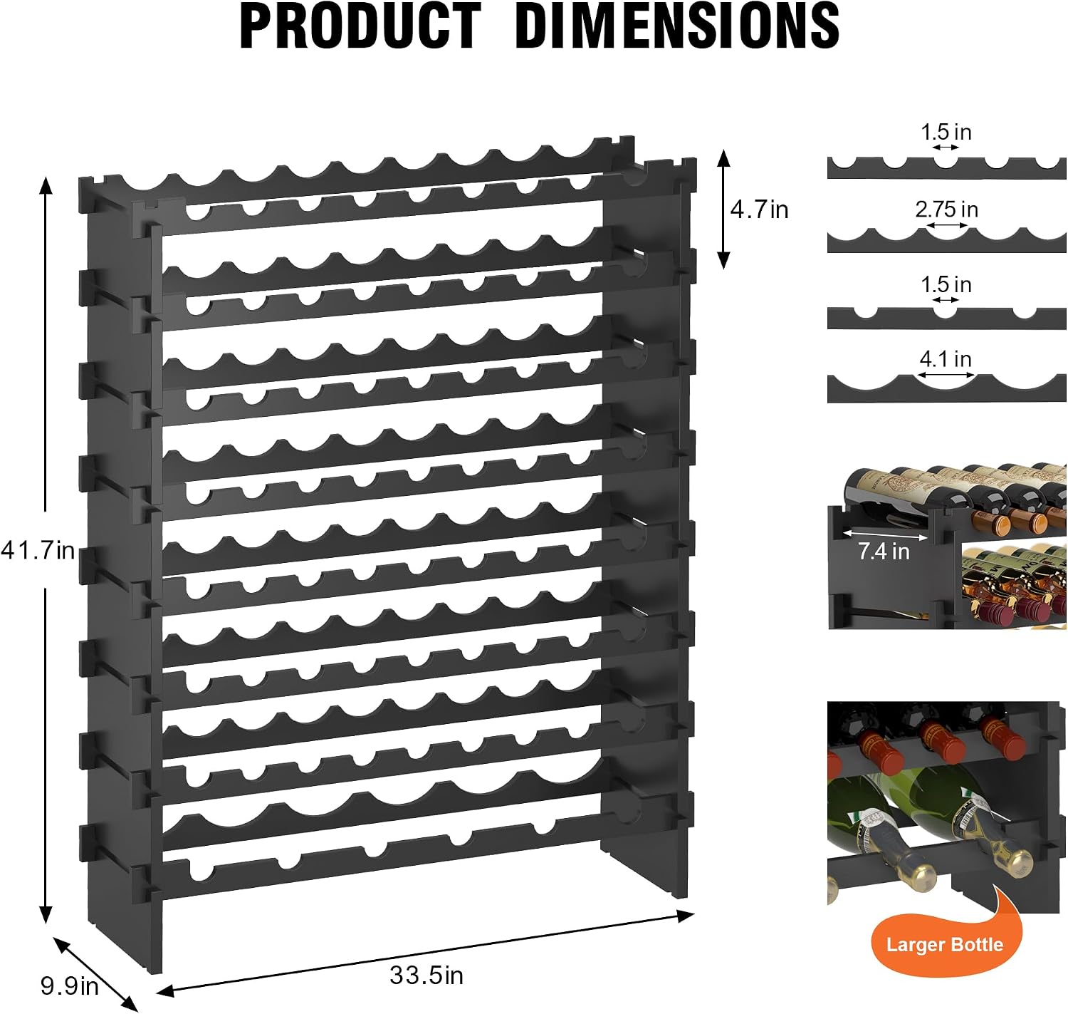 WISUCART Wine Rack Freestanding Floor Bamboo Stackable Wine Storage Racks Wall Mounted, Modular Wine Bottle Stand Holder Display Shelf for Cabinet, Kitchen, Bar (Black)