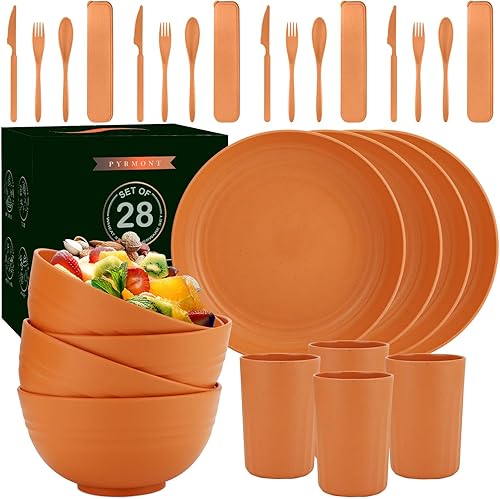 Juego de vajilla de paja de trigo de 28 piezas, juego de vajilla irrompible apto para microondas y lavavajillas, juego de vajilla reutilizable,