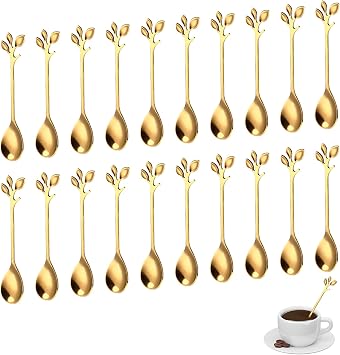 20 Pcs Dessert Spoons, 4.9" Elegant Silver Creative Leaf Mini Stainless Steel Espresso & Tableware Dessert Tea Coffee Spoons for Stirring Mixing Sugar, Ice Cream, Cake Coffee Tea Gold
