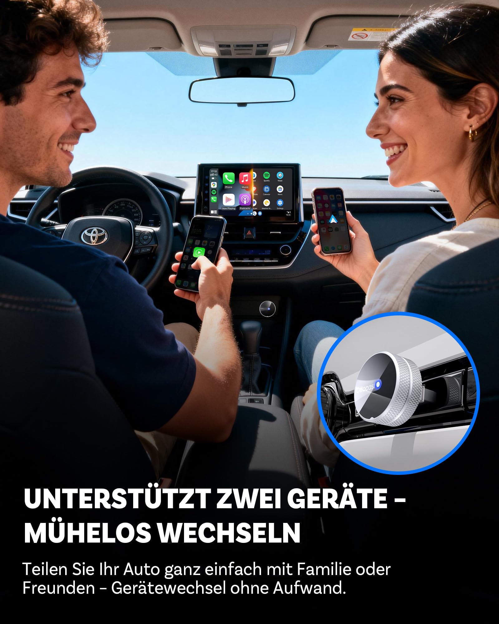 OTTOCAST Mini Tube 2026, Kabelloser CarPlay & Android Auto Adapter für iOS 10+/Android 11+, 5-8s Verbindung, USB-A/Type-C, OTA-Update, Kompatibel mit 99% Fahrzeugen ab 2016 (Nicht für BMW/Tesla)