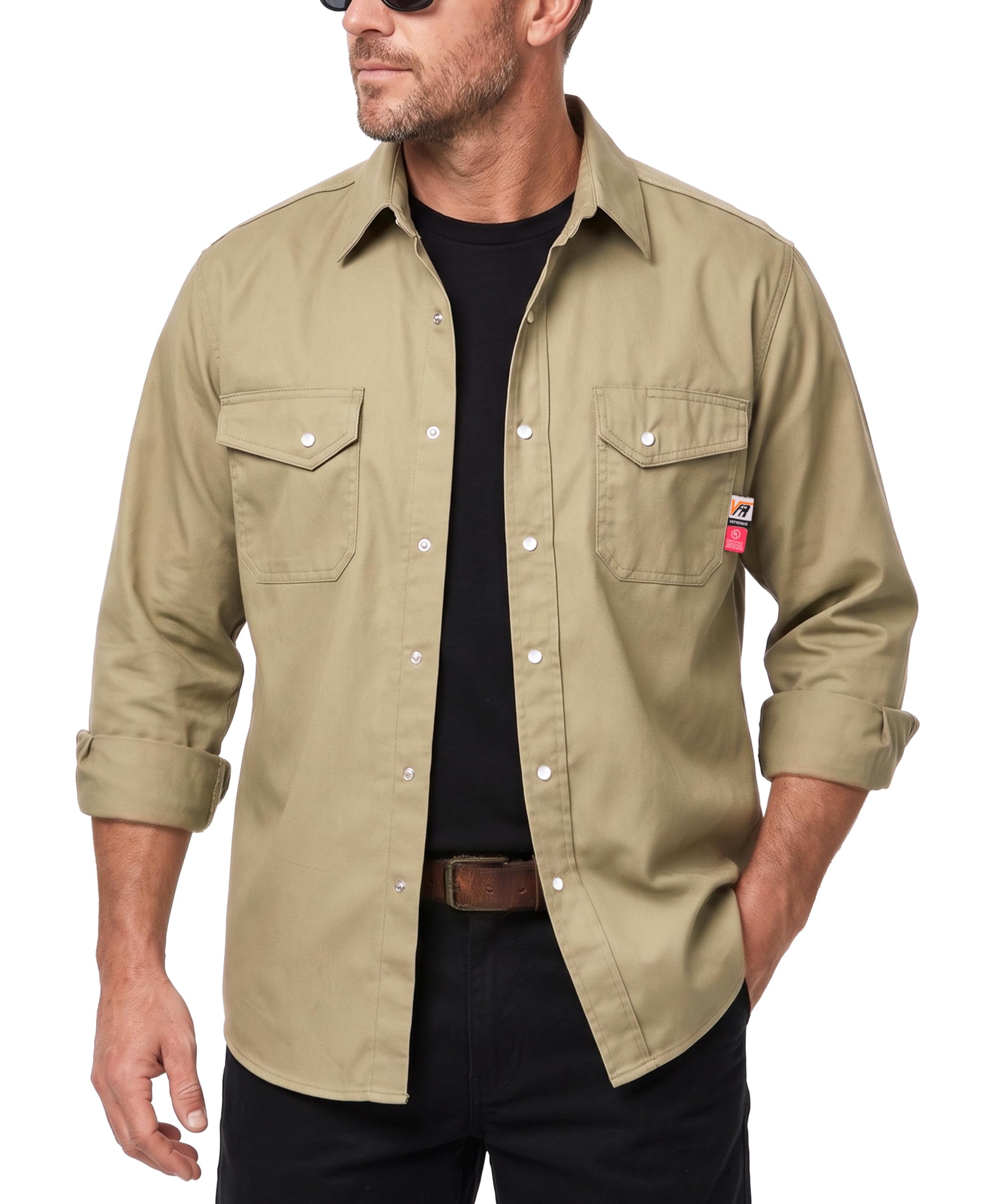 VATRENUS FR Camicie da uomo 6 once Button Down ignifugo 100% cotone camicia da lavoro ignifugo pre-lavata | Camicia comoda leggera resistente alla fiamma|Vestibilità rilassata ASTM F1506 Etichetta UL Tasche doppie prelavate sul petto
