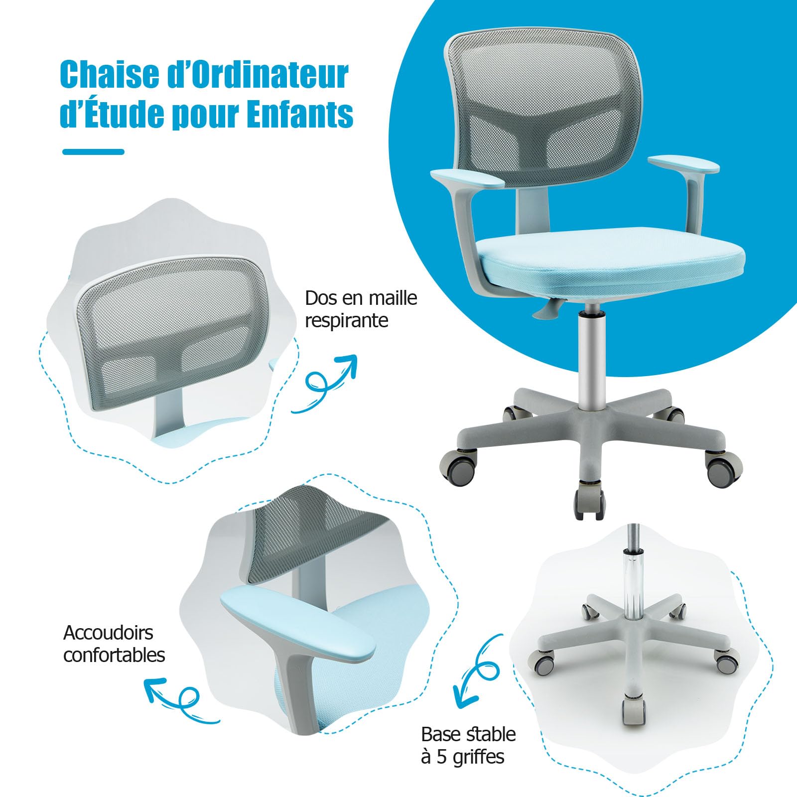 DREAMADE Chaise de Bureau Enfants en Maille,Fauteuil Pivotante Ergonomique Enfant avec Hauteur Réglable&Dossier&Accoudoirs,Siège à roulettes Fille Garcon 3-10 Ans,Charge 150kg (Bleu)