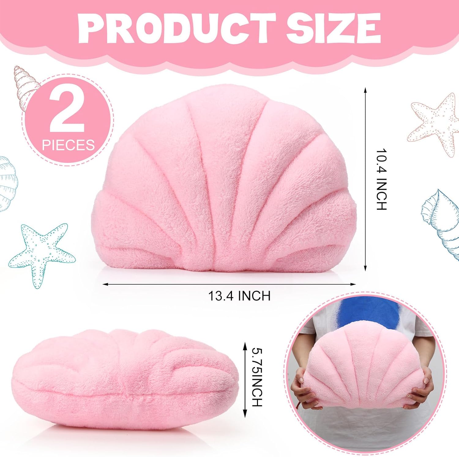 Wenqik 2 Pcs Seashell Throw Pillow 13.4 x 10 Inch Soft Shell Shaped Beach Pillows Plush Seashell 3D Insert Decorative for Home Bedroom Couch Living Coastal Room(Pink)