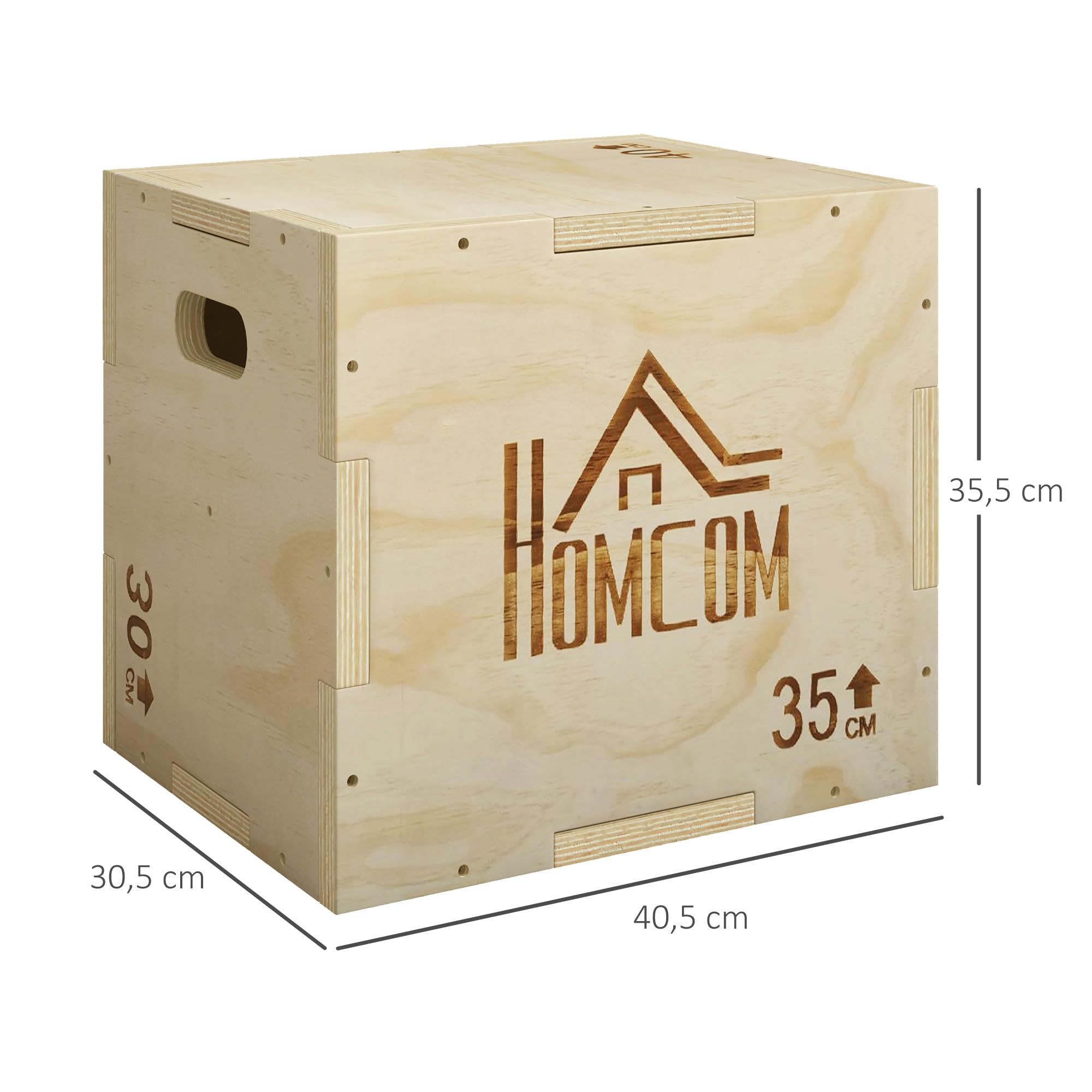 HOMCOM Cajón Pliométrico de Madera 3 en 1, Plataforma de Caja Pliométrica con 3 Alturas Diferentes, 2 Mango Hueco, Entrenamiento de Salto, Fuerza, para Casa, Gimnasio y Exterior