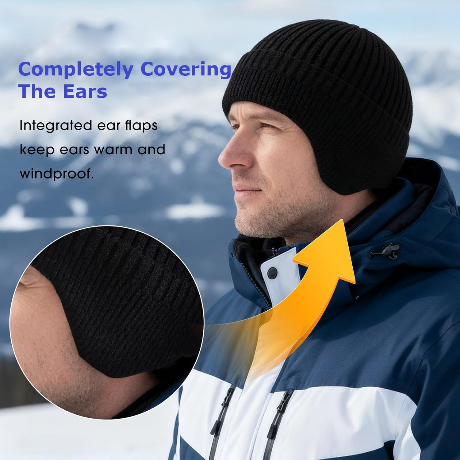 2 Pack Winter Knit Ear Flap Hat for Men Women - Thick Fleece Lined Warm Beanie with Ear Cover, Stretchy Skull Cap (Black & Army Green) for Cold Weather Outdoor Sports - Image 4