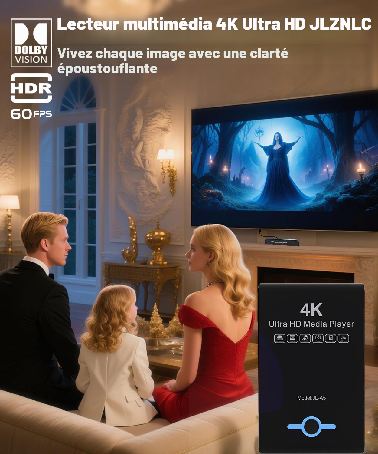 Lecteur multimédia 4K Ultra HD et boîtier HDD 2 en 1 : Lecture H.265/HEVC, H.264/AVC MP4, vidéos MKV, Musique MP3, Photos JPG, HDMI 4K, AV analogique, Prend en Charge 2", 2,5