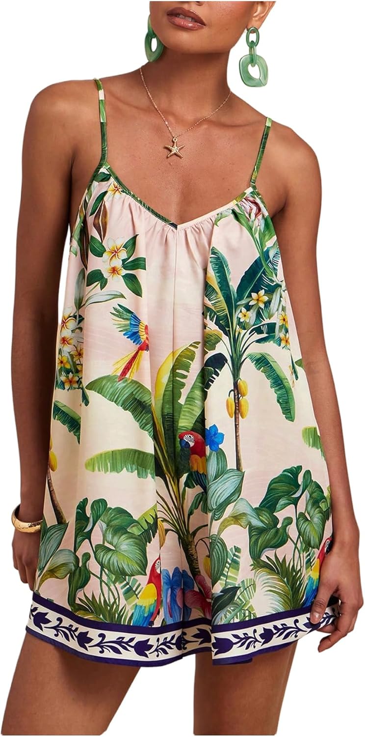 Women's Summer Tropical Rompers Sleeveless V Neck Wide Leg Vacation Short Jumpsuits