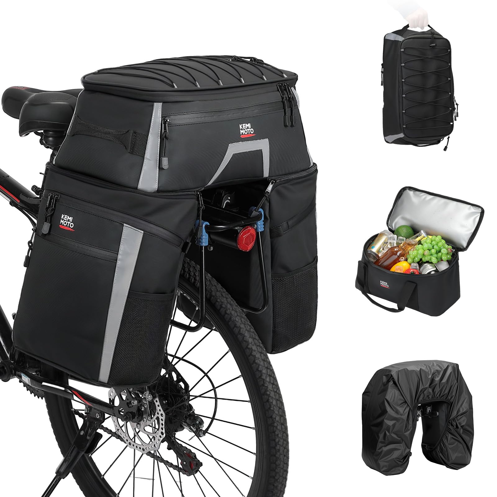 KEMIMOTO 4‑in‑1 Fahrradtasche für Gepäckträger – 58L große Kapazität, wasserdicht mit Regenhülle und abnehmbarer Kühltas