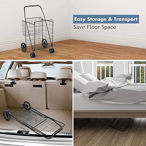 Miniatura 6 de IRONMAX Carrito de compras con ruedas, carritos de metal plegables con ruedas giratorias de 360 y cesta de almacenamiento adicional, cesta plegable