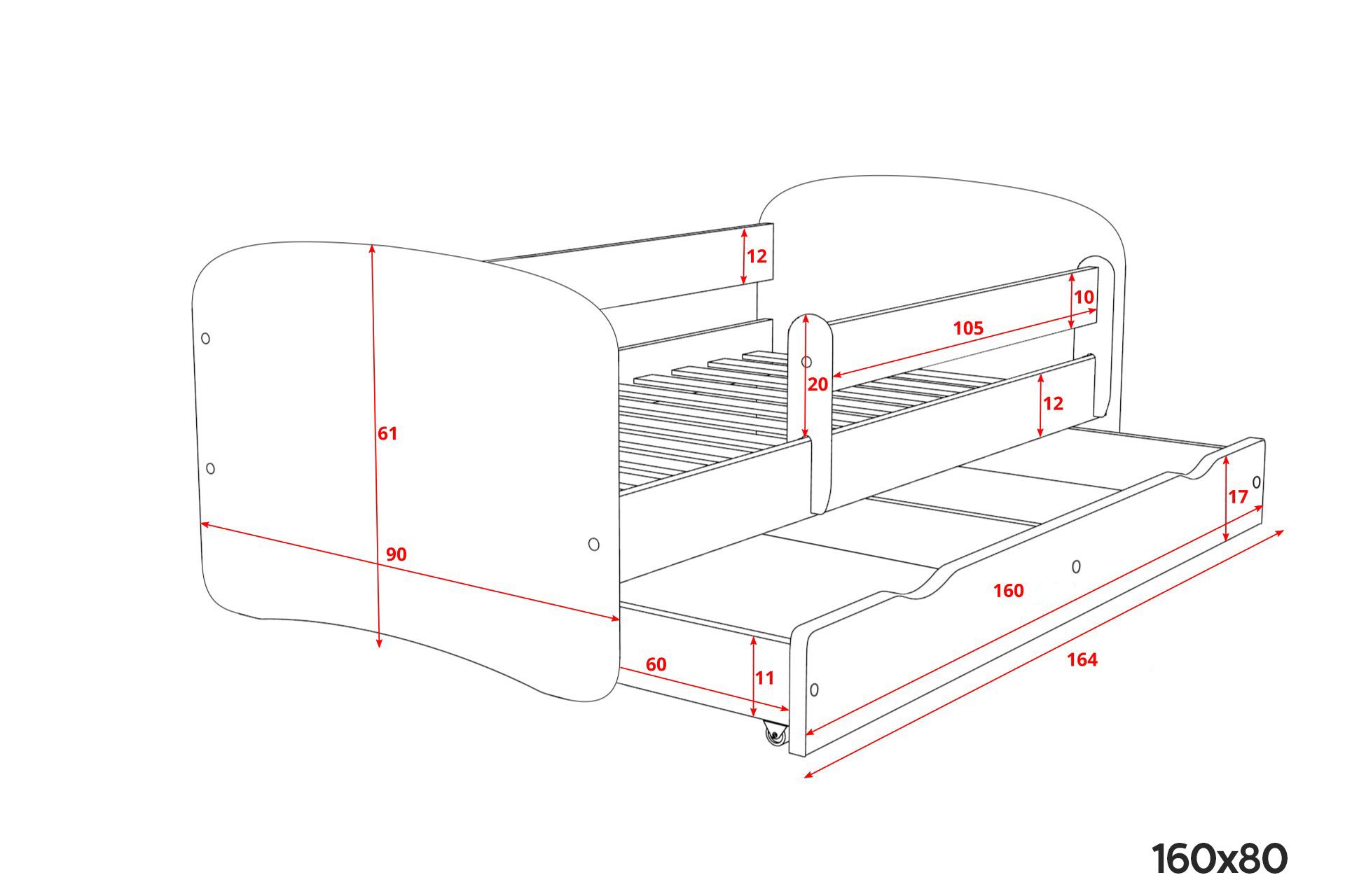 Letto Bianco per Bambini con Barriera Inclusa 70x140 80x160 80x180 cm Letto Bambini con Barriera di Protezione, Doghe e Cassetto removibile - Per Bambino e Bambina - 160x80 - Senza Materasso