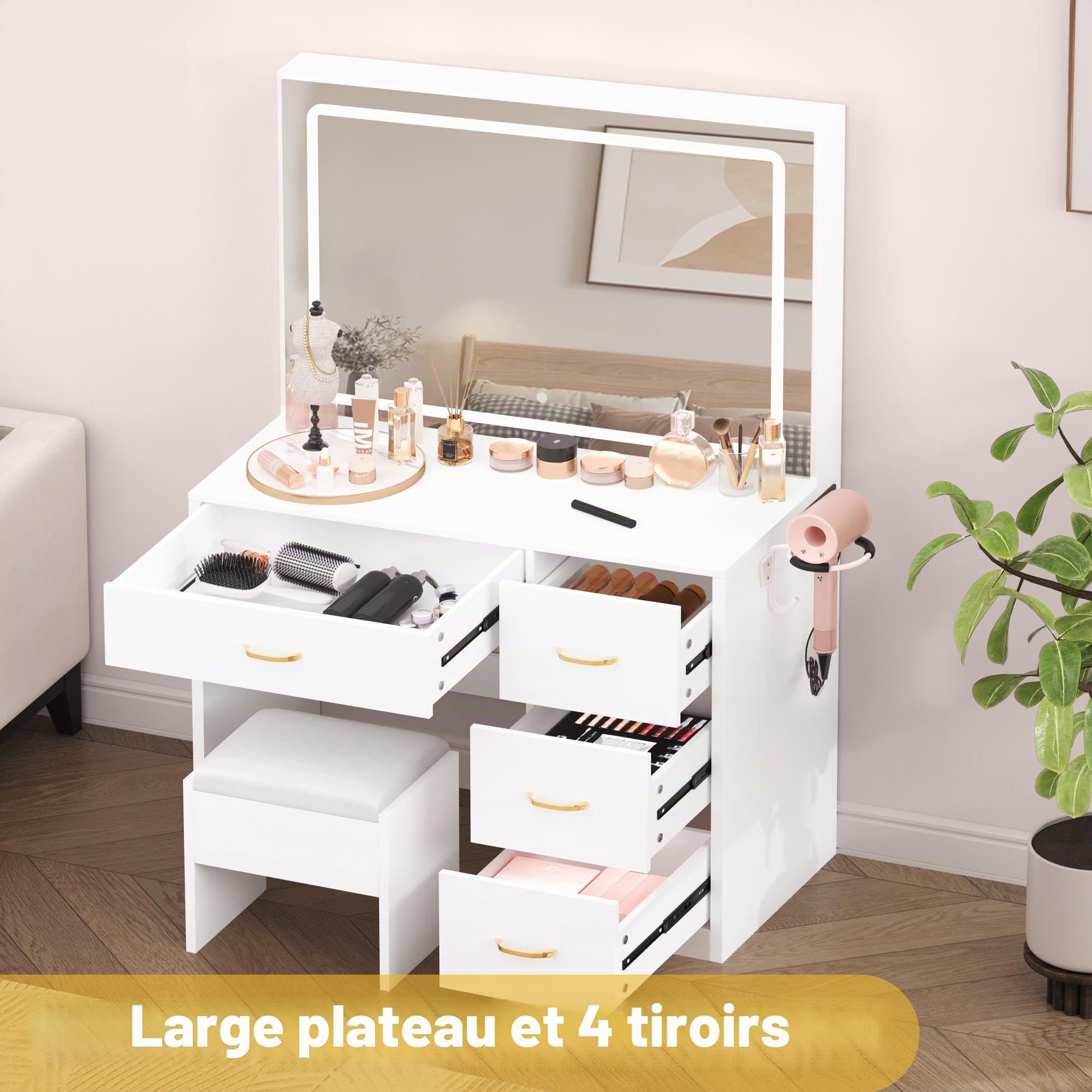 YITAHOME Coiffeuse avec éclairage LED réglable et Prises, Coiffeuse avec 4 tiroirs et Tabouret, Blanche (Table de Maquillage, Table de Maquillage, Vanity Table)