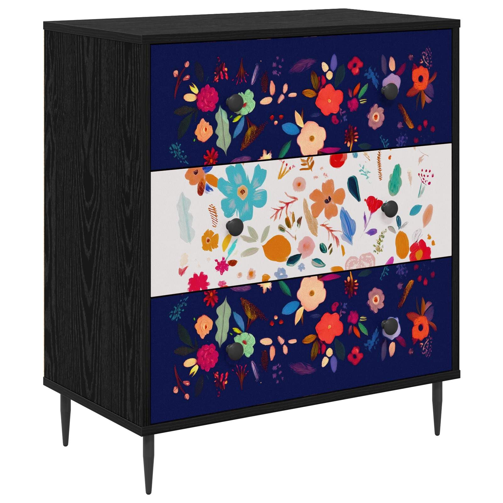 Commode Mainz Motif Floral 66 x 36,5 x 76 cm Chêne Noir 3 Tiroirs