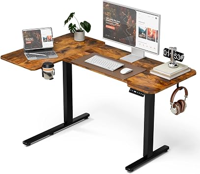 Acrolix L Shaped Electric Standing Desk - 43x31.5 Inch Reversible Corner Sit Stand Desk with Hook&Cup Holder,Electric Height Adjustable Table,for Small Home Office&Bedroom Computer Desk, Rustic Brown