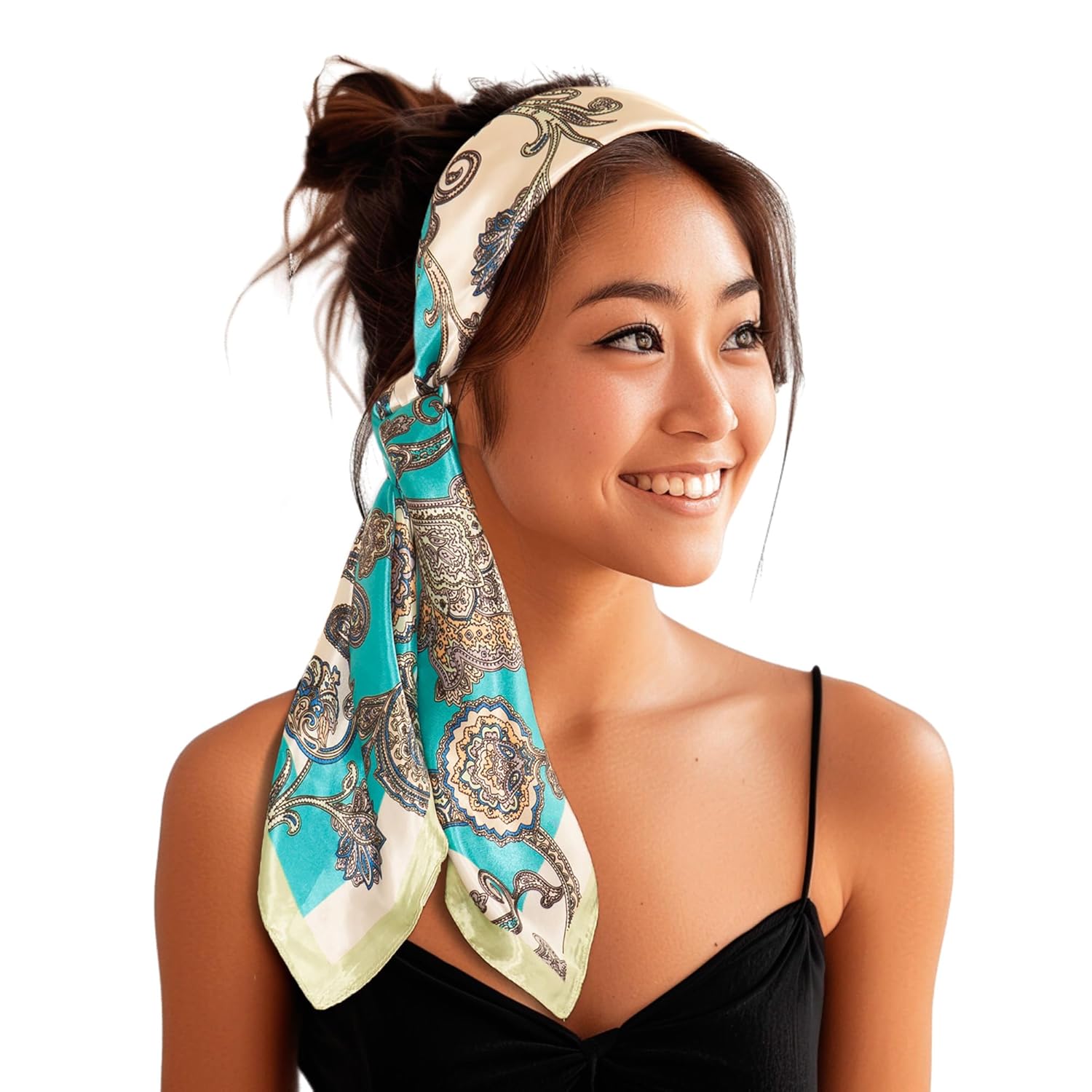 SWAY She Will Be Remembered For Her Brains And Beauty - Turquoise and Champagne - No SLIP 6-CLIP system 35inch Square Large Satin Headband - Multiple ways to style - Luxury Head Wrap for Fashion 1 SWAY She Will Be Remembered For Her Brains And Beauty - Turquoise and Champagne - No SLIP 6-CLIP system 35inch Square Large Satin Headband - Multiple ways to style - Luxury Head Wrap for Fashion