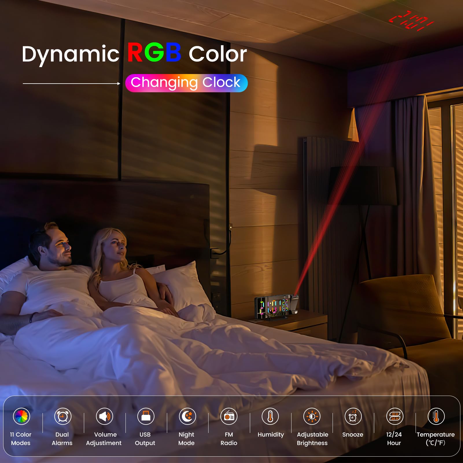 Sveglia digitale con proiezione e indicatore di temperatura a LED, snooze, display 7,2