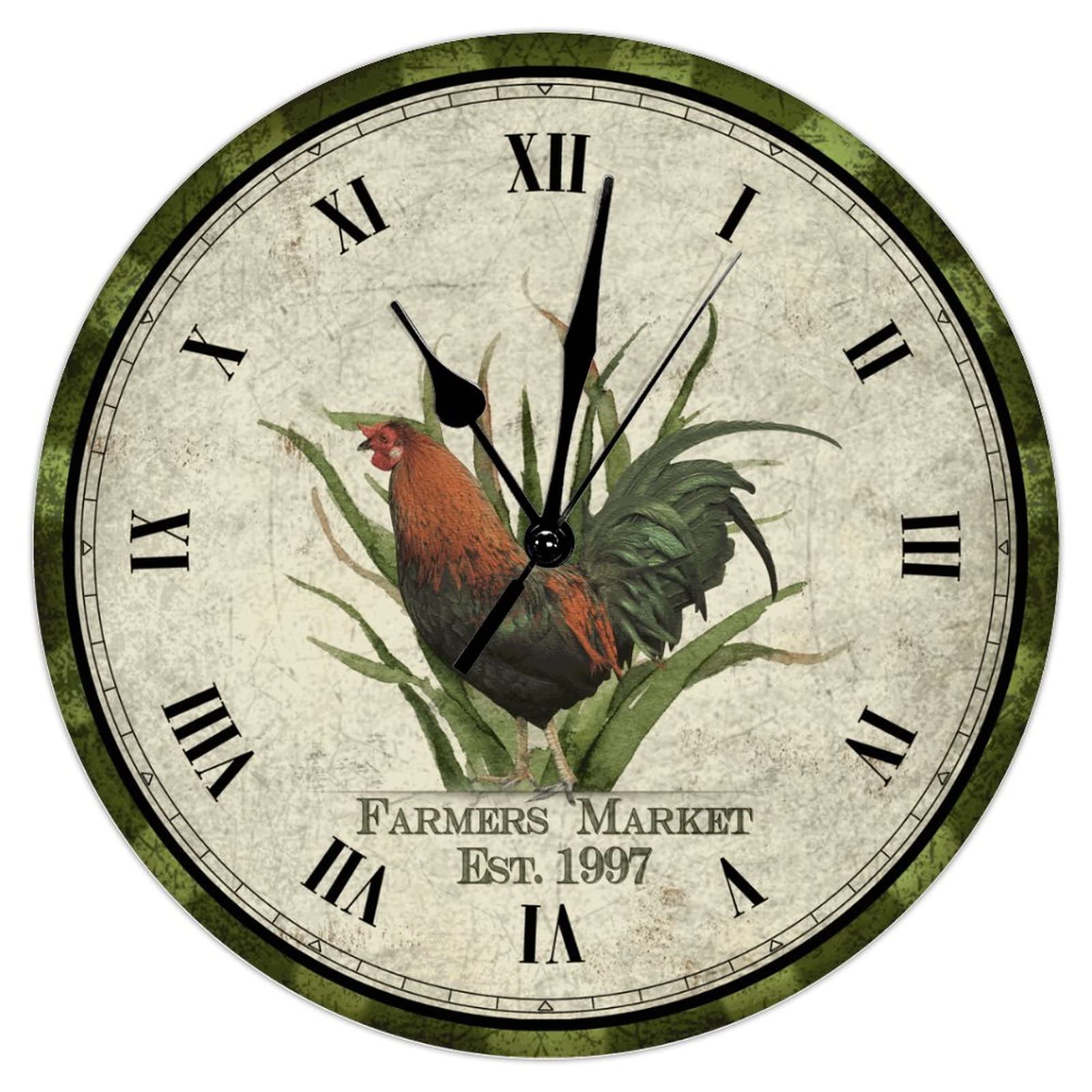 Horloge murale rétro pour cuisine et salle à manger style Farmer Market coq