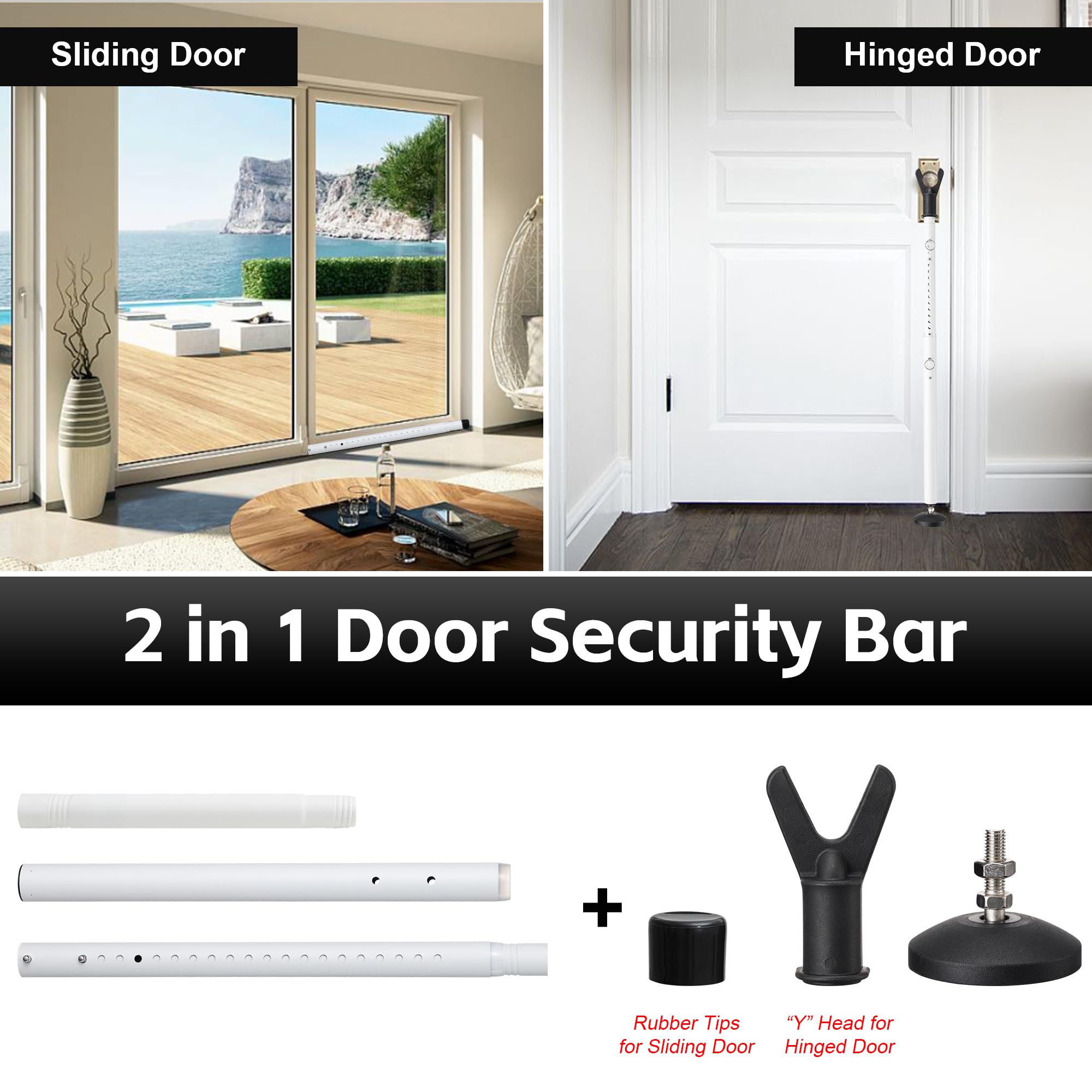 Topes de puerta 2 en 1 y barra de seguridad para puerta corredera, dispositivos de seguridad ajustables con tapas intercambiables y puntas de goma, adecuados para dormitorio, habitaciones de hotel y
