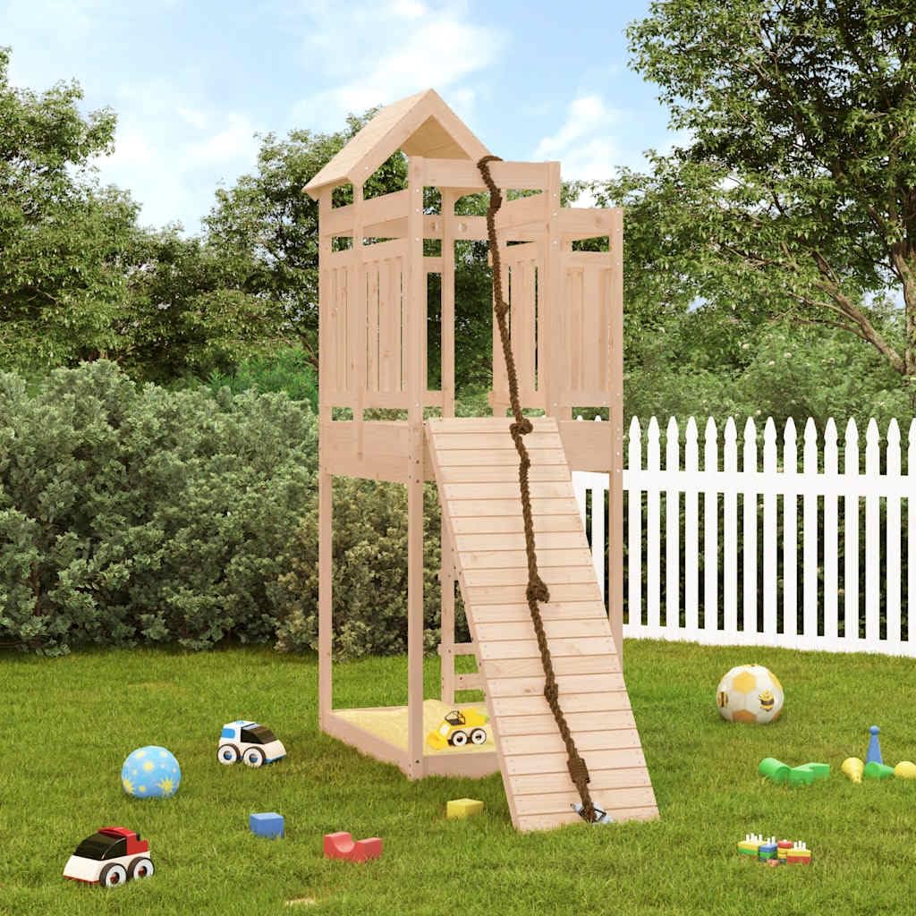 Torre da gioco in legno di pino massiccio con parete da arrampicata e sabbiera per giardino e terrazza, giocattolo da giardino per bambini con scivolo, altalena, arrampicata e dondolo