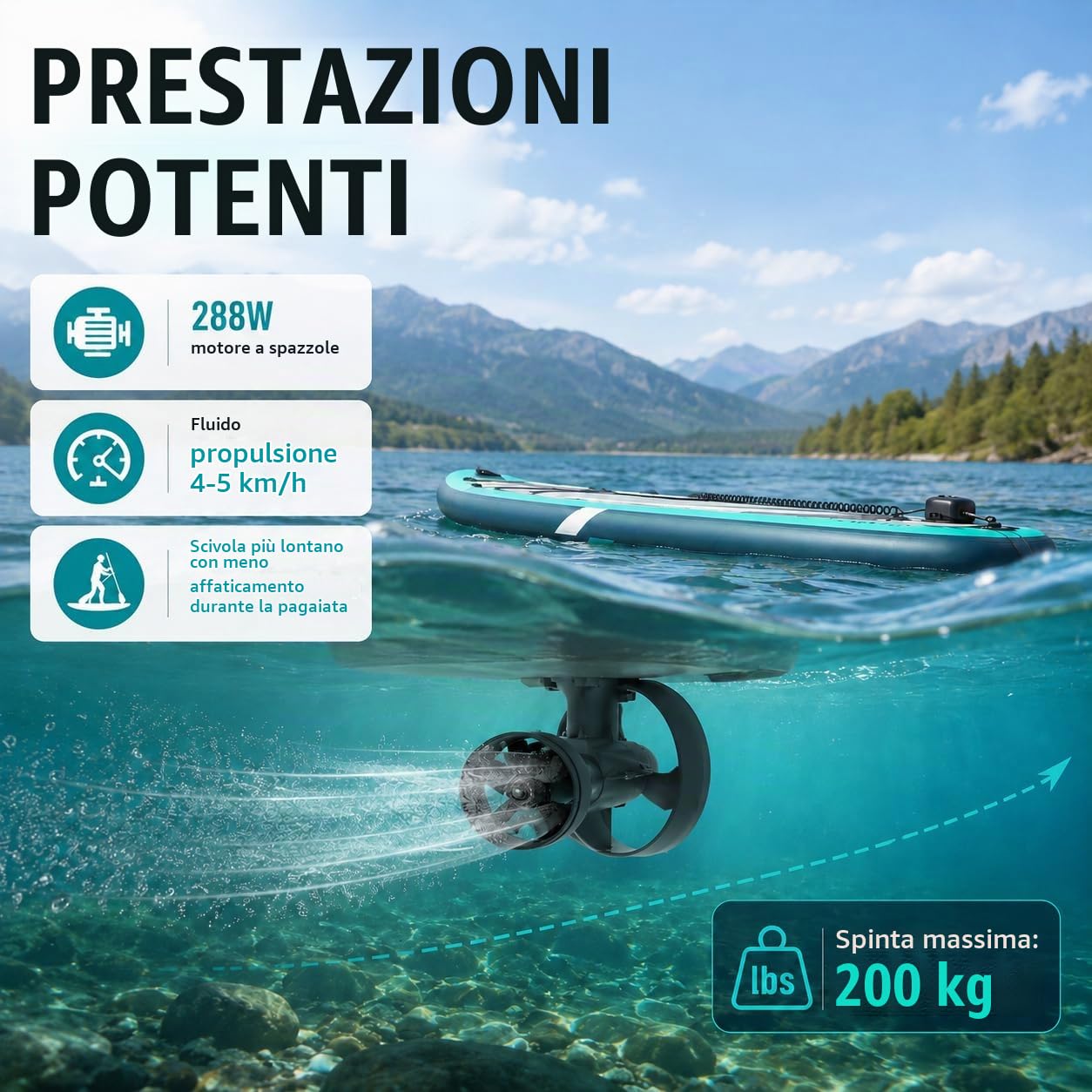 Thruster subacqueo per tavole da surf, propulsione elettrica subacquea, sistema di propulsione, propulsione a vite, kit di thruster subacqueo, per paddle board, tavole da surf, ecc